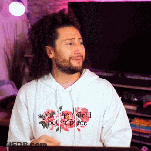 A Man Is Wearing A White Hoodie That Says Make The World Better Place GIF
