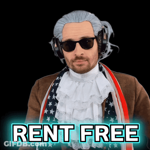 A Man Is Wearing A Wig And Sunglasses And The Words Rent Free Are Above Him GIF