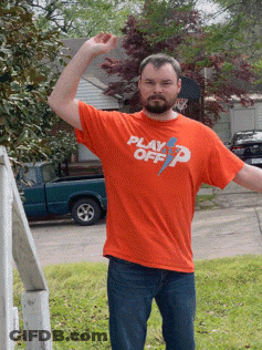 A Man Is Wearing An Orange Shirt That Says Play Off GIF