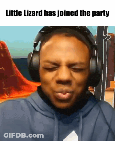 A Man Is Wearing Headphones And Making A Funny Face With The Caption Little Lizard Has Joined The Party GIF