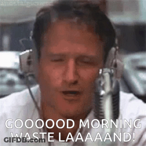 A Man Is Wearing Headphones And Says Good Morning Waste Laaaaand GIF