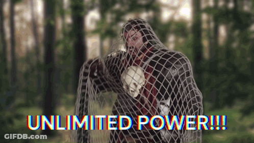 A Man Is Wrapped In A Fishing Net With The Words " Unlimited Power " Above Him GIF
