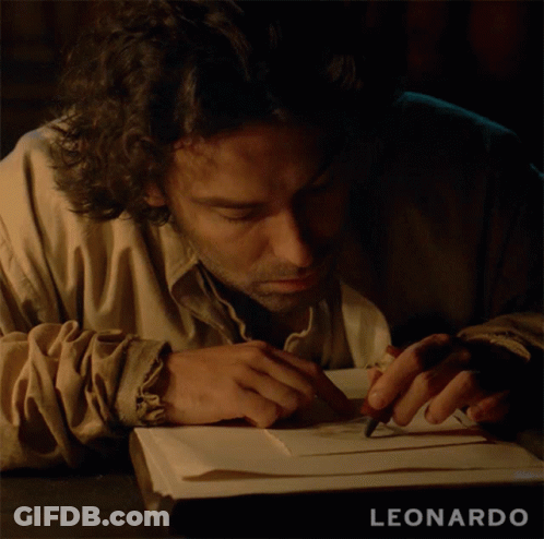 A Man Is Writing In A Book With The Name Leonardo On The Bottom Right GIF