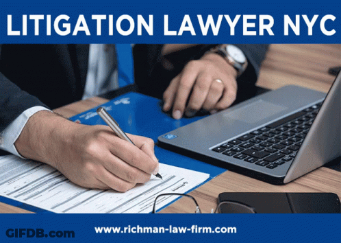 A Man Is Writing On A Piece Of Paper In Front Of A Laptop And The Words Litigation Lawyer Nyc GIF