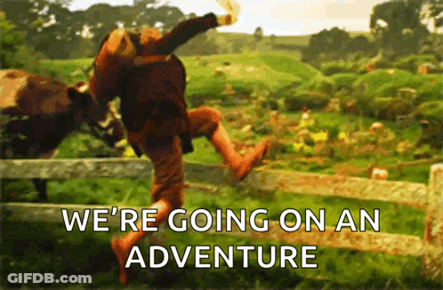 A Man Jumping Over A Fence With The Words We 'Re Going On An Adventure Written Below Him GIF