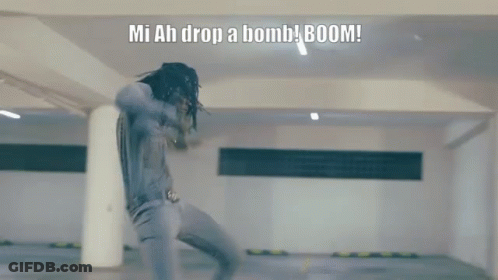 A Man Jumps In The Air With The Words Mi Ah Drop A Bomb Boom GIF