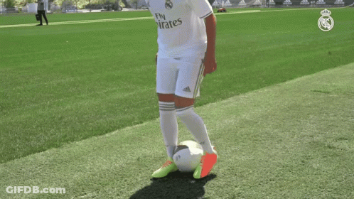 A Man Kicking A Soccer Ball On A Field That Has Adidas Signs GIF