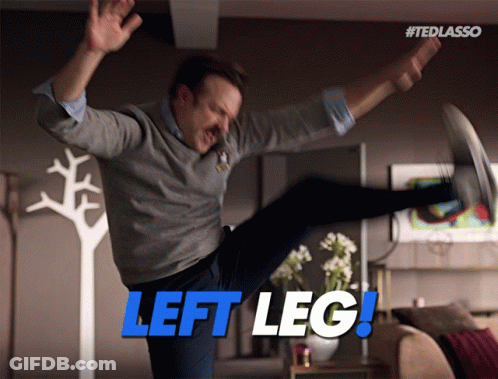 A Man Kicking In The Air With The Words Left Leg Written Below Him GIF