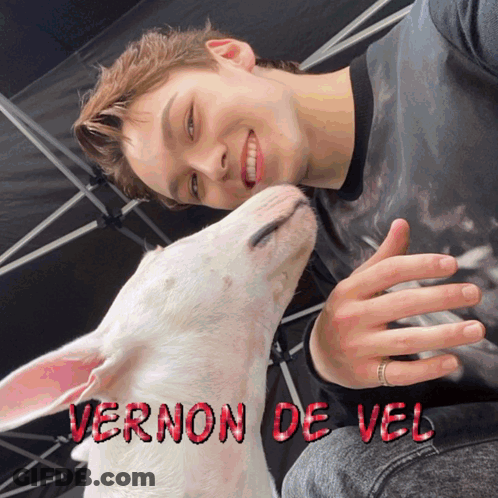 A Man Kisses A White Dog With The Name Vernon De Vel Written On The Bottom GIF
