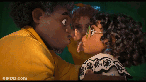 A Man Kisses A Woman On The Cheek In A Cartoon Scene GIF