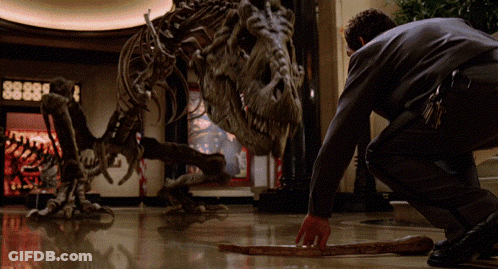 A Man Kneeling Down In Front Of A Dinosaur Skeleton With The Number 8888 On The Wall Behind Him GIF