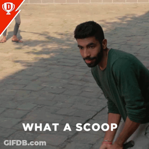 A Man Kneeling Down With The Words What A Scoop Written Below Him GIF
