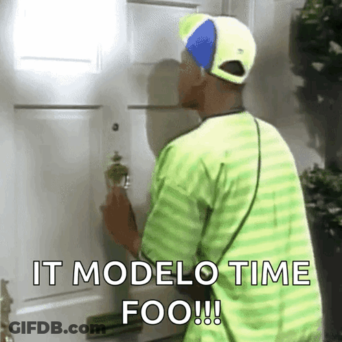 A Man Knocking On A Door With The Words " It Modelo Time Foo " Written On The Bottom GIF