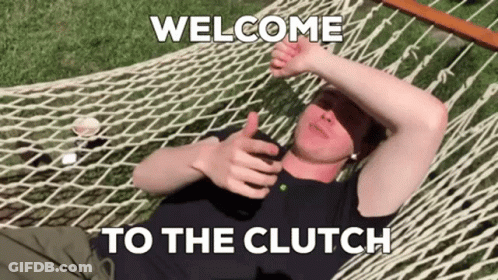 A Man Laying In A Hammock With The Words Welcome To The Clutch GIF