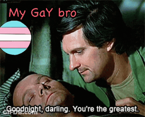 A Man Laying Next To Another Man With The Words " My Gay Bro " On The Bottom GIF