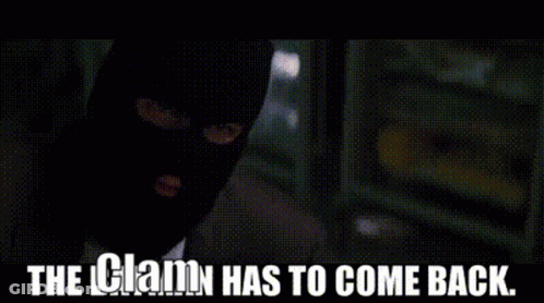 A Man Laying On A Couch With The Words The Clam Has To Come Back GIF