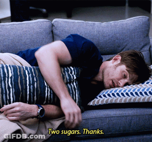 Man Laying On Couch Saying Two Sugars Thanks GIF