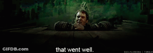 A Man Laying On A Wooden Floor With The Words That Went Well On The Bottom GIF