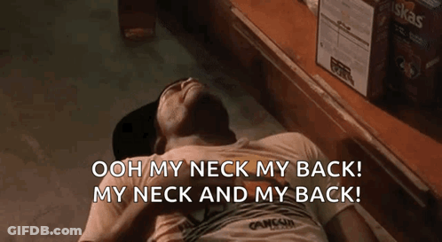 A Man Laying On The Floor With The Words Ooh My Neck My Back My Neck And My Back Behind Him GIF