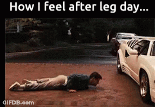 A Man Laying On The Ground Next To A Car With The Words How I Feel After Leg Day Written Above Him GIF
