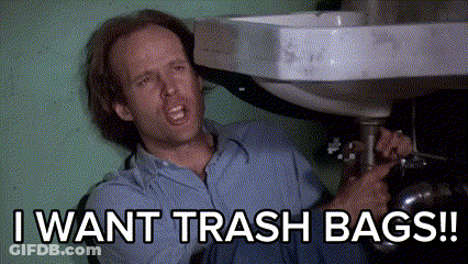 A Man Laying Under A Sink With The Words " I Want Trash Bags " On The Bottom GIF