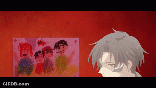 A Man Looking At A Drawing Of A Family On A Red Background GIF