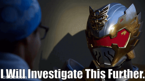 A Man Looking At A Helmet With The Words " I Will Investigate This Further " GIF