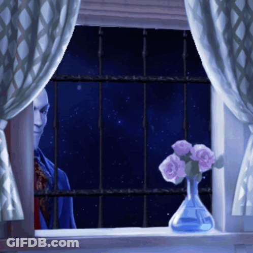A Man Looking Out A Window With A Vase Of Flowers GIF