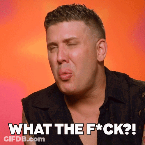 A Man Making A Face With The Words What The F * Ck Written Below Him GIF