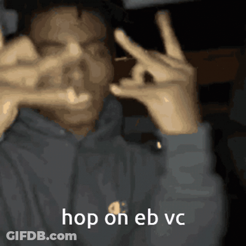 A Man Making A Peace Sign With His Hands And The Words Hop On Eb Vc GIF