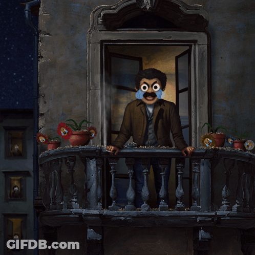 A Man On A Balcony With Flowers In Pots GIF