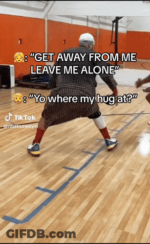 A Man On A Basketball Court With A Caption That Says Get Away From Me Leave Me Alone GIF