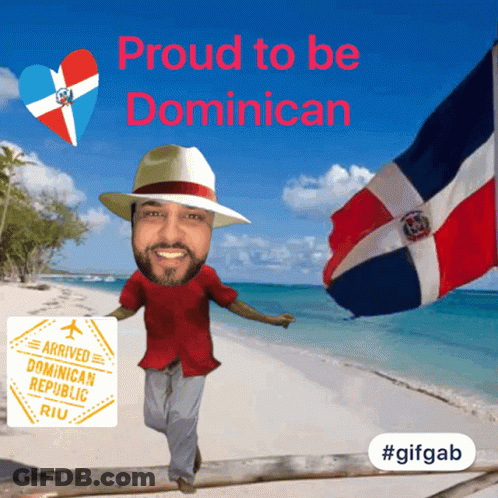 A Man On A Beach With The Words Proud To Be Dominican On The Top GIF