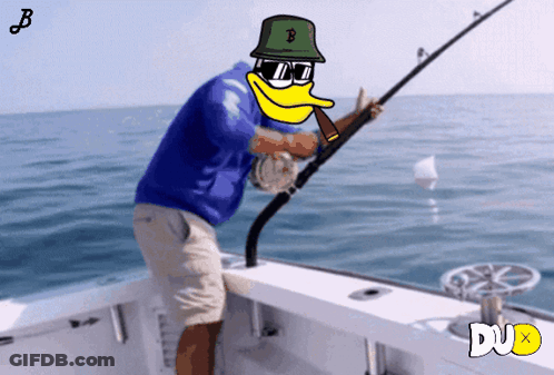 Man On Boat With Duck Face Holding Fishing Rod And B Hat GIF