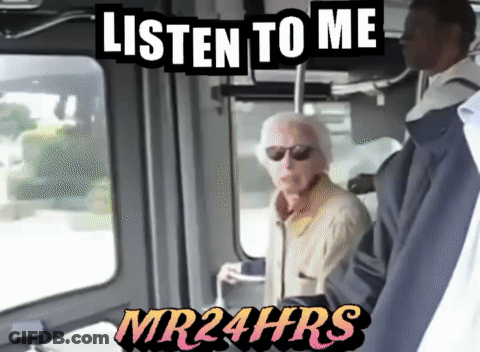 A Man On A Bus With The Words Listen To Me Mr24hrs Above Him GIF