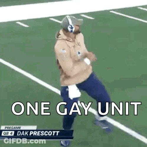 A Man On A Football Field With The Words One Gay Unit GIF