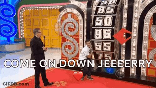 A Man On A Game Show With The Words Come On Down Jeeeerry Written On The Bottom GIF