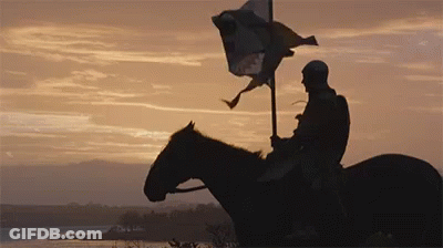 A Man On A Horse Holding A Flag With A Dragon On It GIF