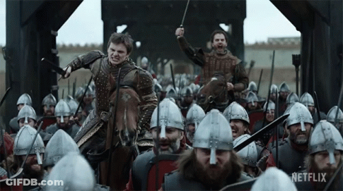 A Man On A Horse Is Surrounded By Soldiers With Netflix Written On The Bottom GIF
