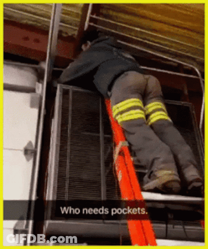 A Man On A Ladder With The Words Who Needs Pockets GIF