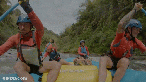 A Man On A Raft Says " I Tell Eduardo " On The Side GIF