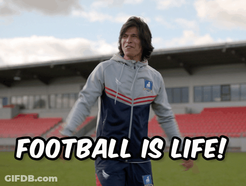 A Man On A Soccer Field With The Words " Football Is Life " Written Below Him GIF