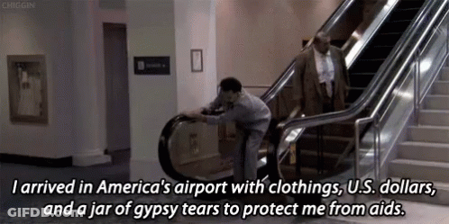 A Man On An Escalator With The Words " I Arrived In America 'S Airport With Clothings U.s. Dollars GIF