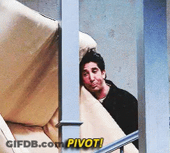 A Man Peeking Out From Behind A Couch With The Words " Pivot " Above Him GIF