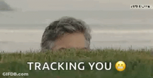 A Man Peeking Out Of The Grass With The Words " Tracking You " Written Below Him GIF