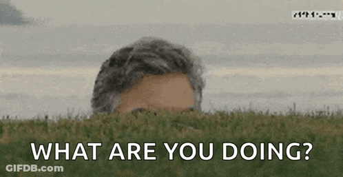 A Man Peeking Out Of The Grass With The Words What Are You Doing Below Him GIF