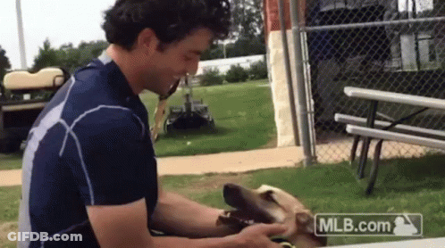 A Man Petting A Dog With Mlb.com Written On The Bottom GIF