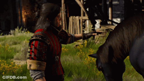 A Man Petting A Horse In A Field With Yellow Flowers GIF