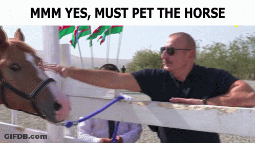 A Man Petting A Horse With A Caption That Says ' Mmm Yes , Must Pet The Horse ' GIF
