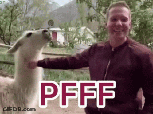 A Man Petting A Llama With The Word Pfff Written On The Screen GIF